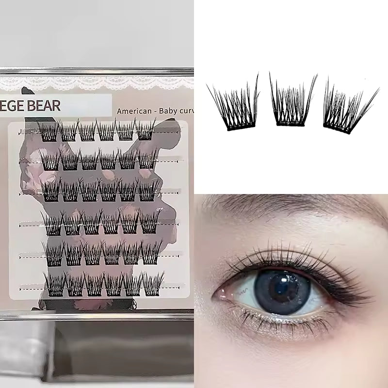 Eyelash extensions with packaging and an eye wearing the extensions.
