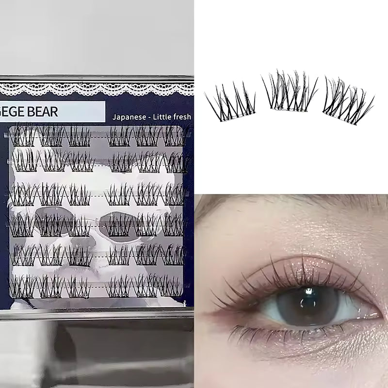 False eyelashes packaging, lashes on a white background, and an eye wearing the false eyelashes.