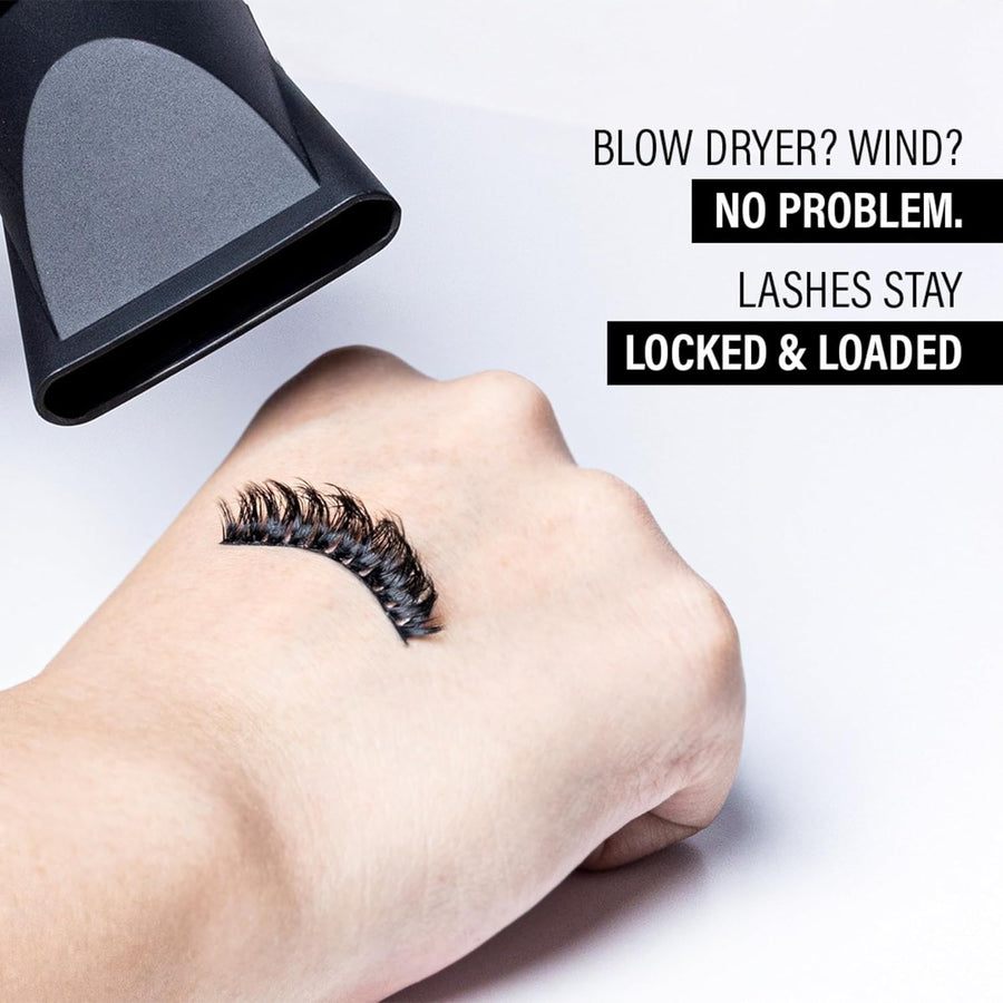 Eyelash extension on a hand with a blow dryer and text about lash durability.