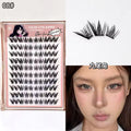 False eyelashes packaging with a sample application on a person's eyelid.