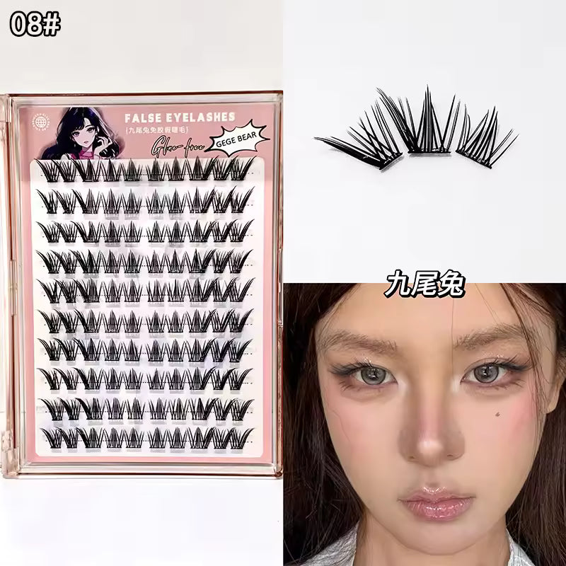 False eyelashes packaging with a sample application on a person's eyelid.