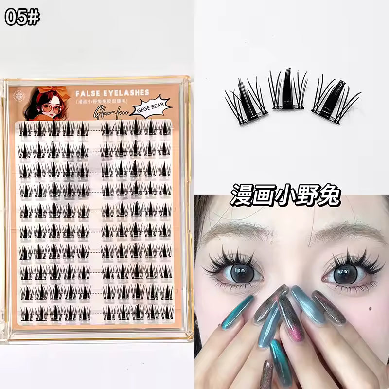 False eyelashes packaging with individual lashes and a person wearing the false eyelashes.