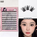 False eyelashes packaging with a sample application on a model's face.