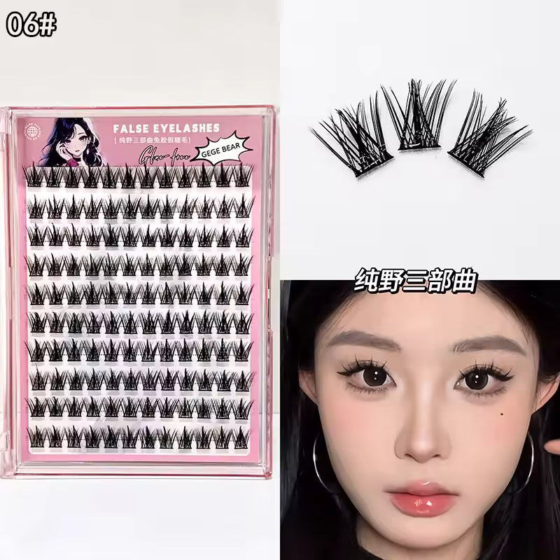 False eyelashes packaging with a sample application on a model's face.