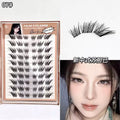 False eyelashe extensions packaging with a sample worn on a person's eye, set against a white background.