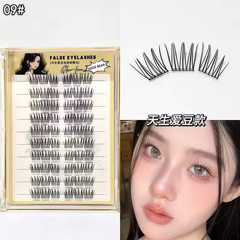False eyelashes set with a display card and a close-up of a person wearing them.