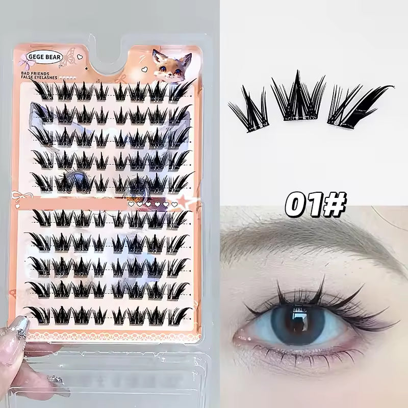 False eyelashes set with packaging and an eye wearing the lashes.