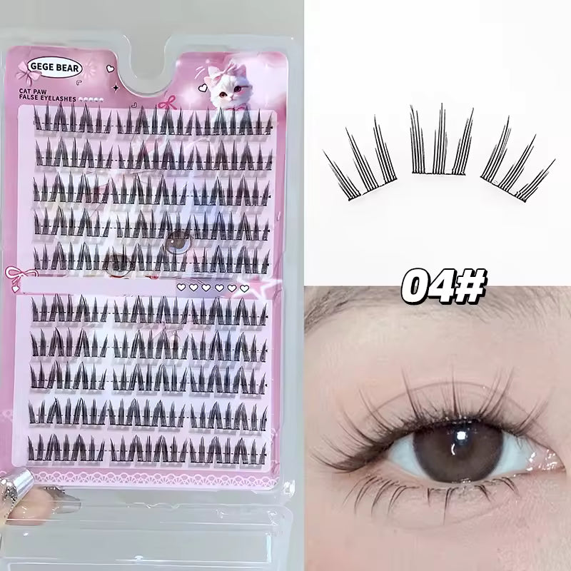 False eyelashes packaging with a sample application on an eye, featuring the brand 'Gege Bear'.