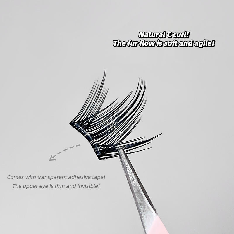 Eyelash extension with text describing its features on a gray background