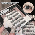 Eyelash packaging with a close-up of false eyelashes on a hand, highlighting adhesive-free application.