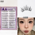 False eyelashes packaging with a sample application on a person's eyelid.