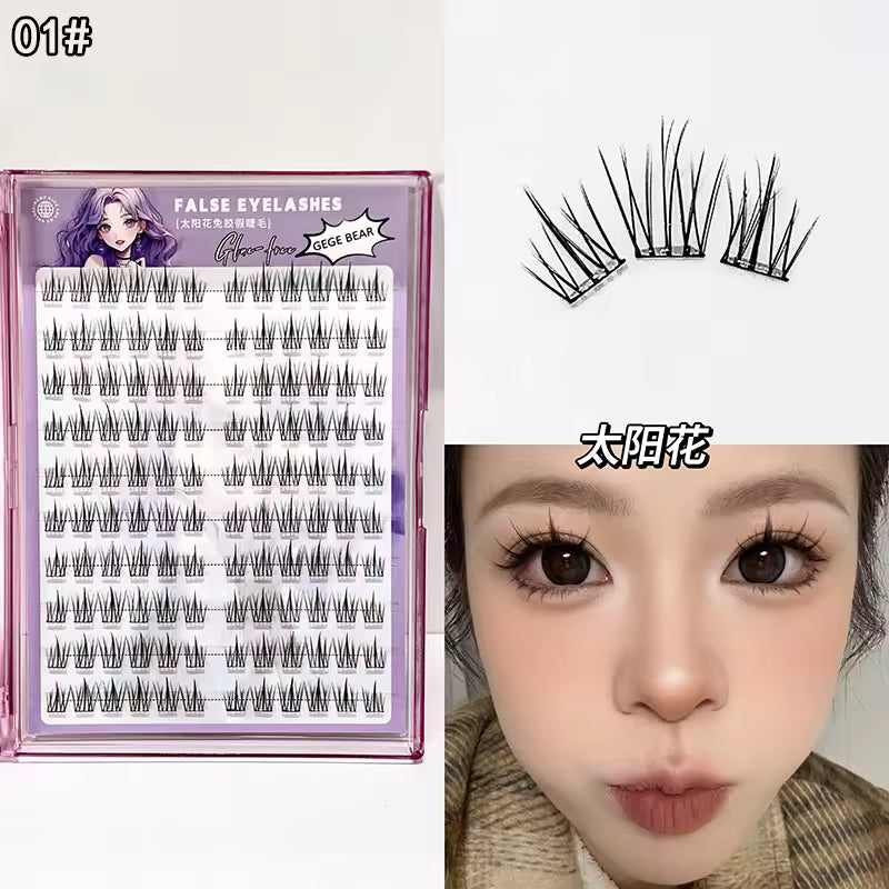 False eyelashes packaging with a sample application on a person's eyelid.