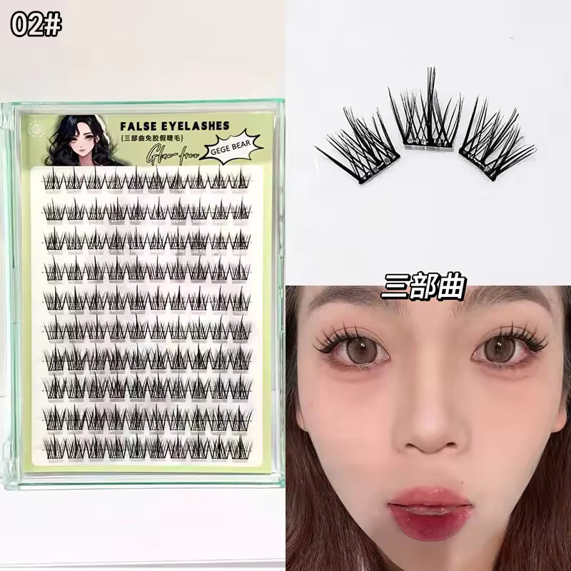 False eyelashes packaging with a sample on a white background, followed by a close-up of a person wearing the false eyelashes.