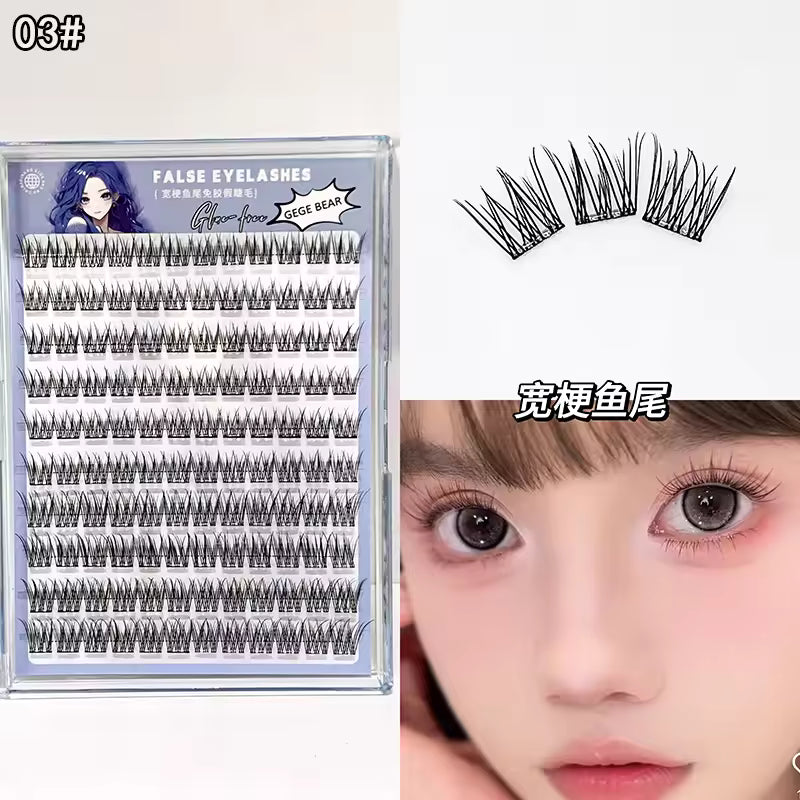 False eyelashes packaging with a sample on a person's eye, labeled 'Wide Whale Tail'.