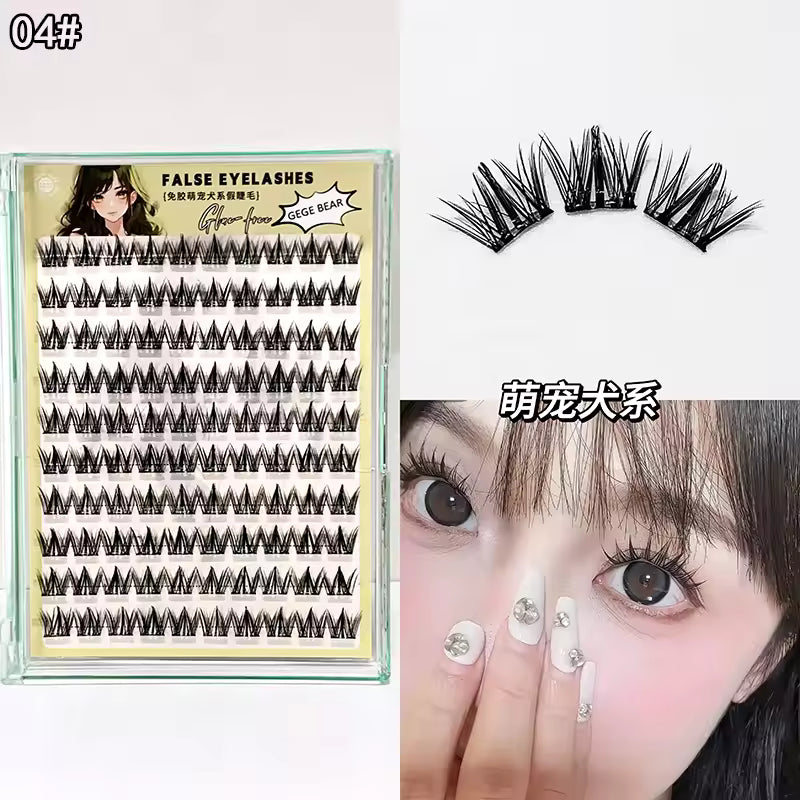 False eyelashes packaging with a close-up of a person wearing them.
