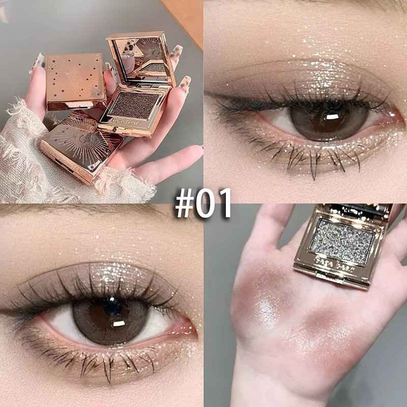 Eyeshadow with close-up of application on eyes and hand.