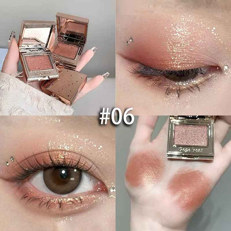 Eyeshadow with close-up shots of application on eyes and cheeks, featuring the shade '#06'.