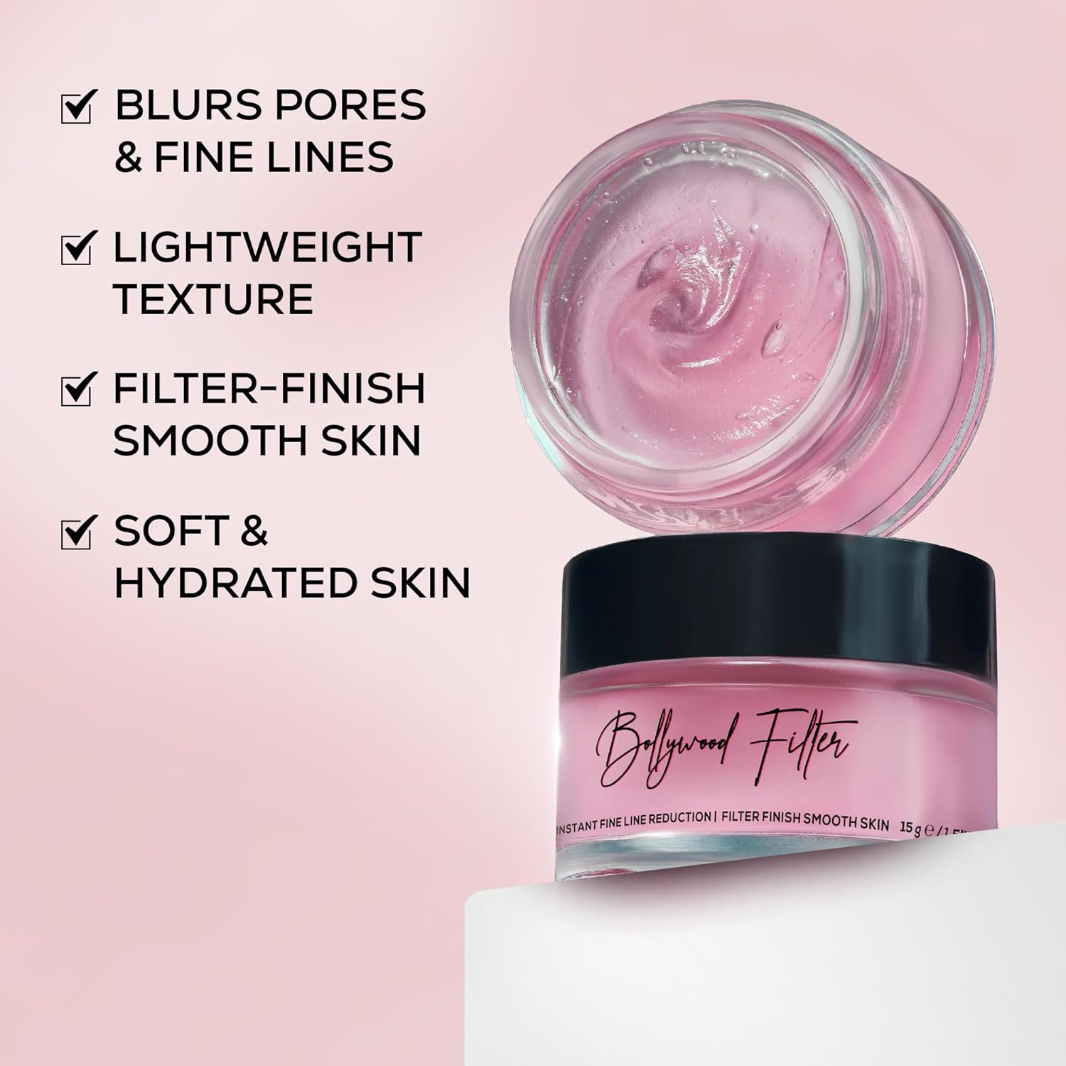 Face primer jar with text on a pink background
