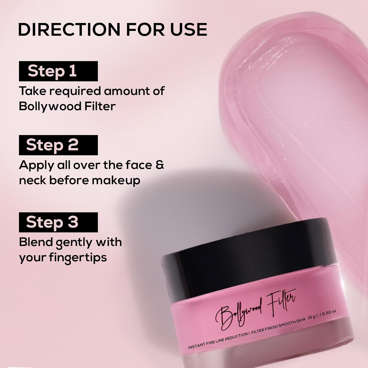 Face primer of 'Bollywood Filter' with usage instructions on a light pink background