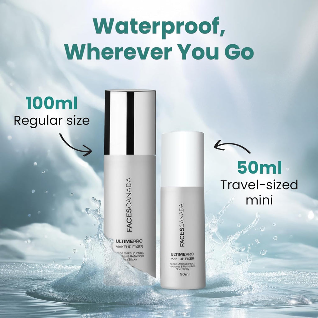 Two fixture bottles, one 100ml and one 50ml, with water droplets and 'Waterproof, Wherever You Go' text on a light blue background.