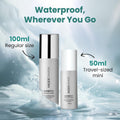 Two fixture bottles, one 100ml and one 50ml, with water droplets and 'Waterproof, Wherever You Go' text on a light blue background.