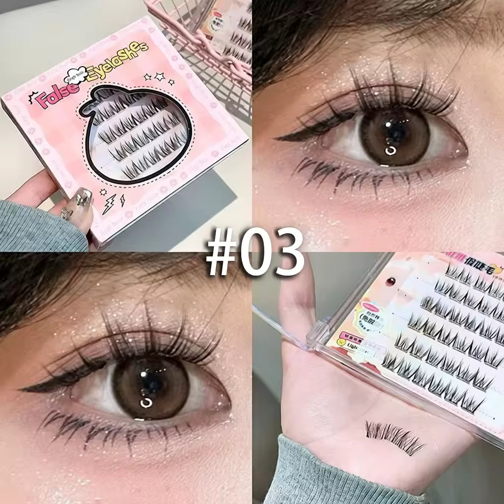 Collage of false eyelashes packaging, application on an eye, and close-up of lashes.