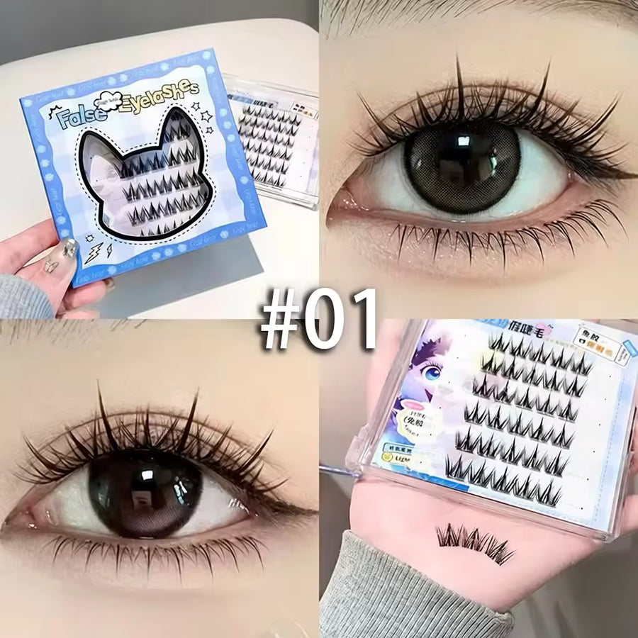 Collage of false eyelashes packaging and application on eyes