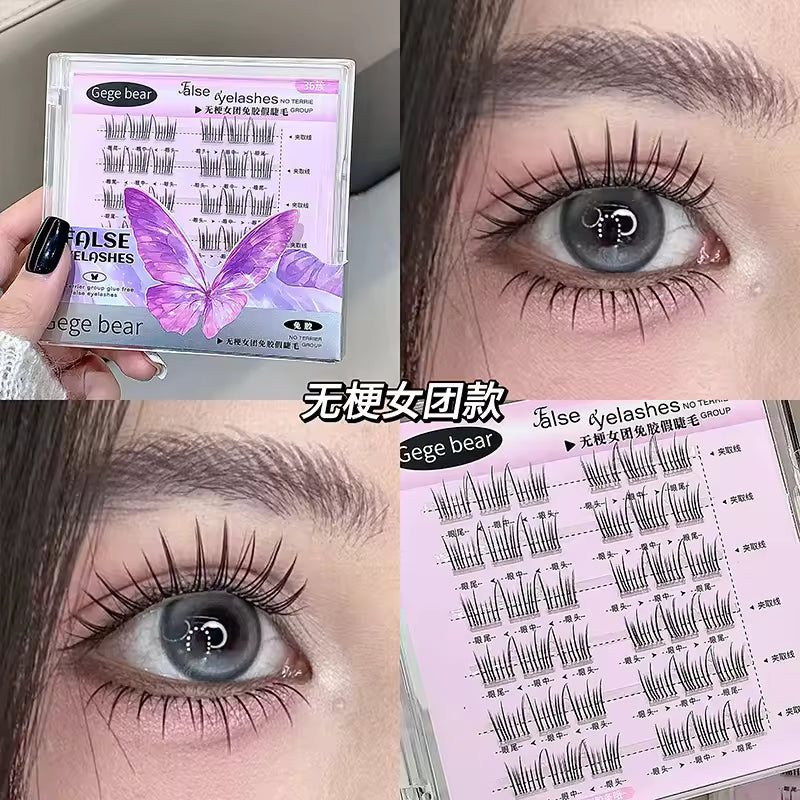 False eyelashes packaging and application on eyes with close-up details.