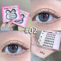False eyelashes packaging, application on eyes, and close-up of applied lashes.