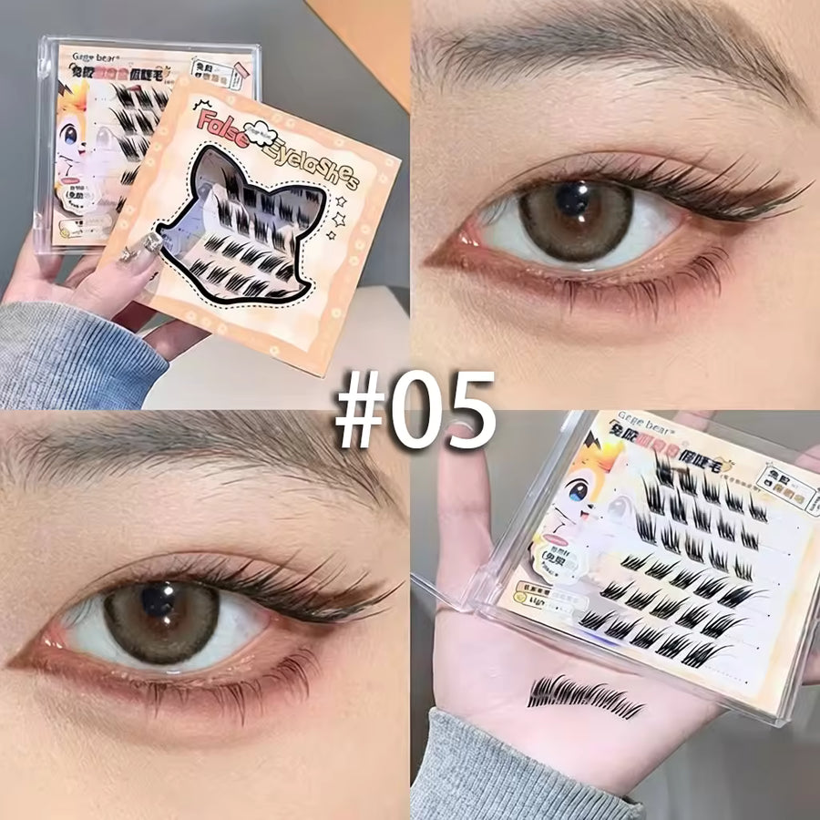 False eyelashes packaging, application on eye, and close-up of applied lashes.
