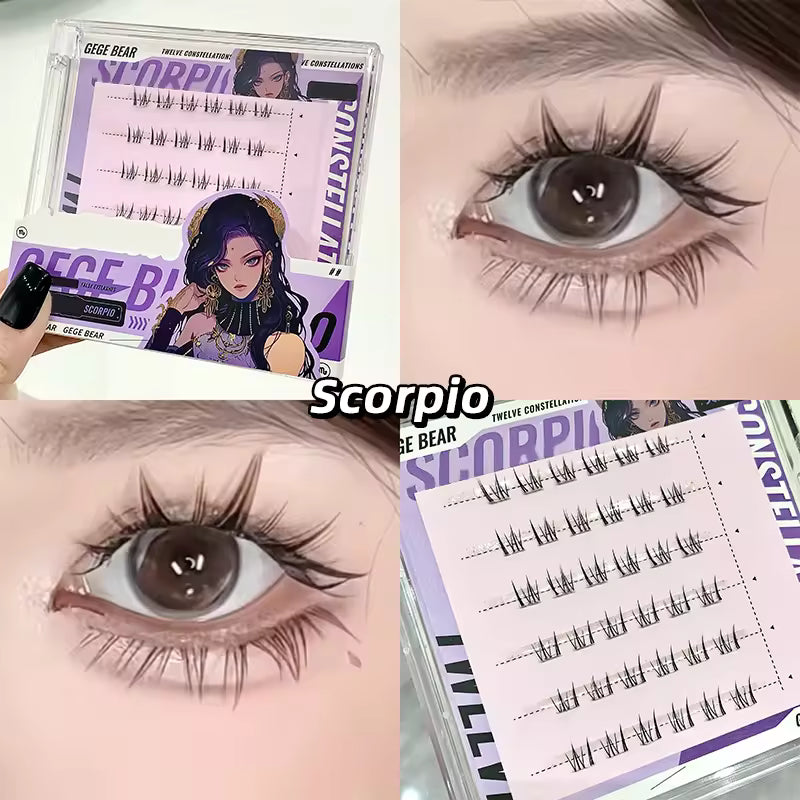 Makeup product with 'Scorpio' theme and close-up of eyes wearing false eyelashes.