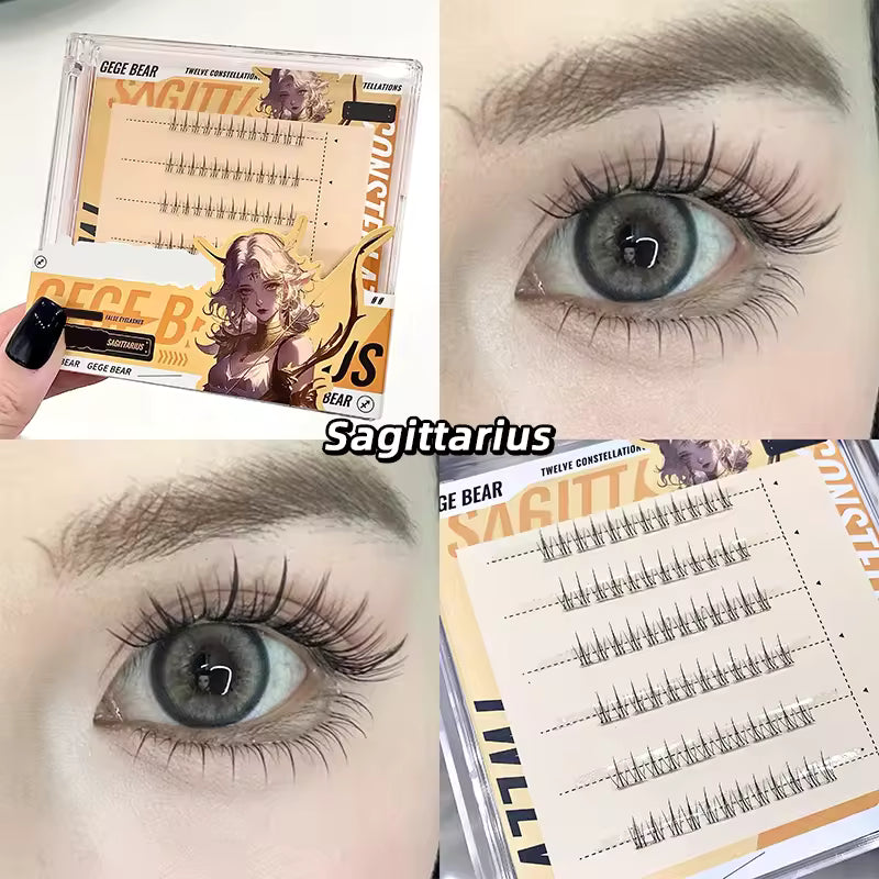 Eyelash packaging with 'Sagittarius' text and close-up of eyes wearing false eyelashes.