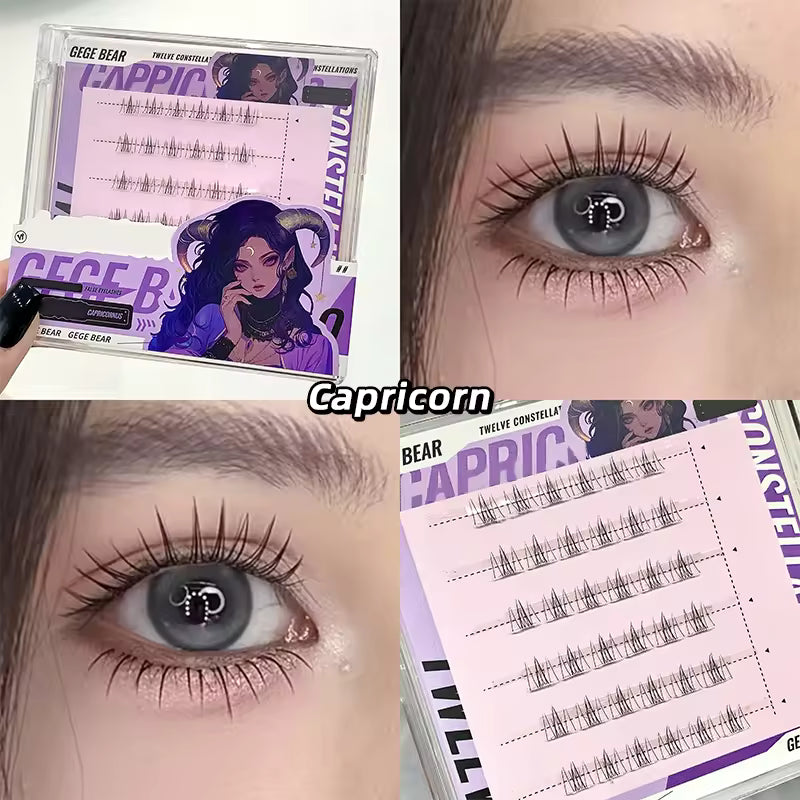 Collage of false eyelashes with Capricorn zodiac sign packaging and application on eye.