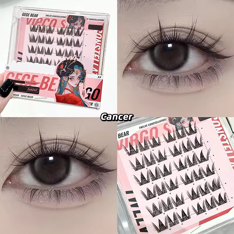 False eyelashes packaging with a close-up of an eye wearing the lashes, labeled 'Cancer'.