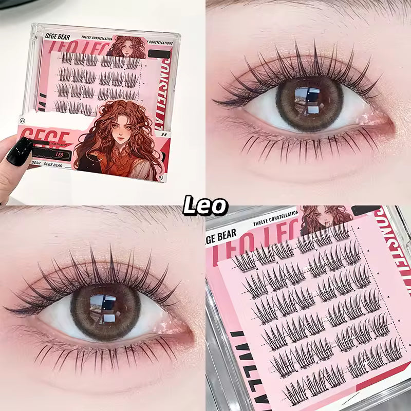 False eyelashes packaging and application on eyes with 'Leo' label