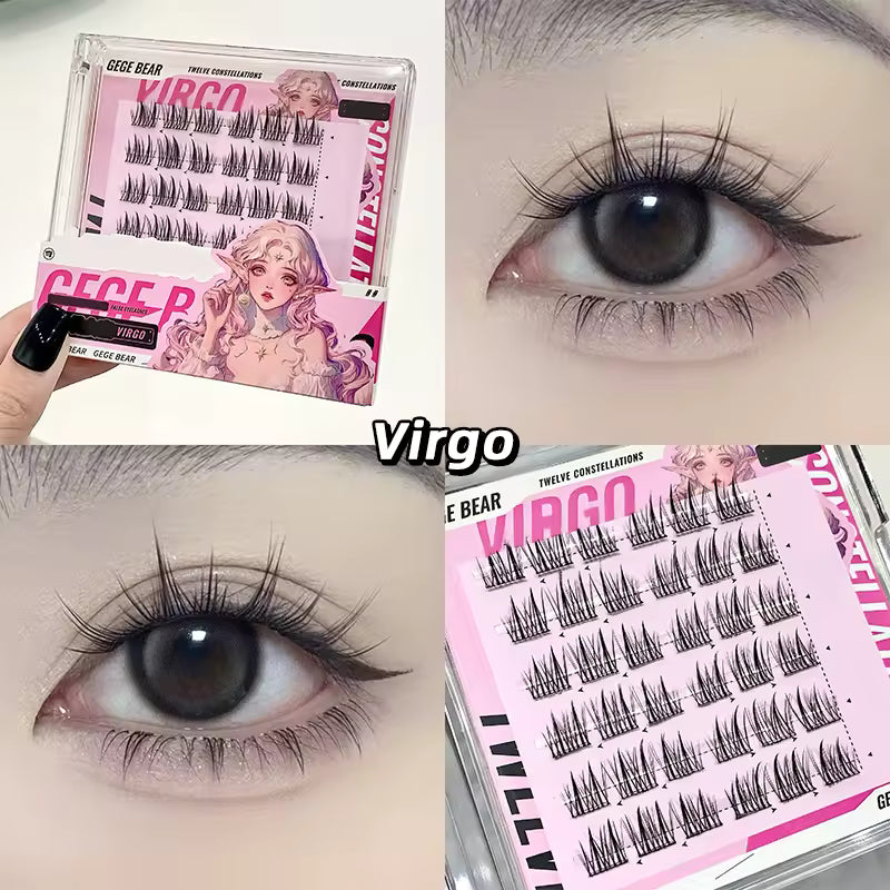 False eyelashes packaging with 'Virgo' label and application on eyes