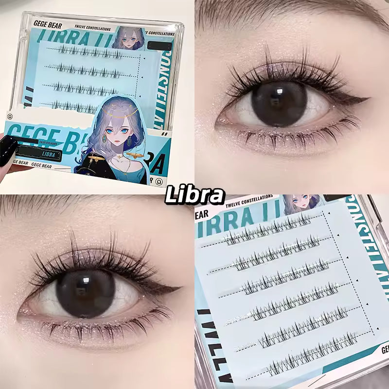 Collage of false eyelashes with packaging and a close-up of an eye wearing them, labeled 'Libra'.