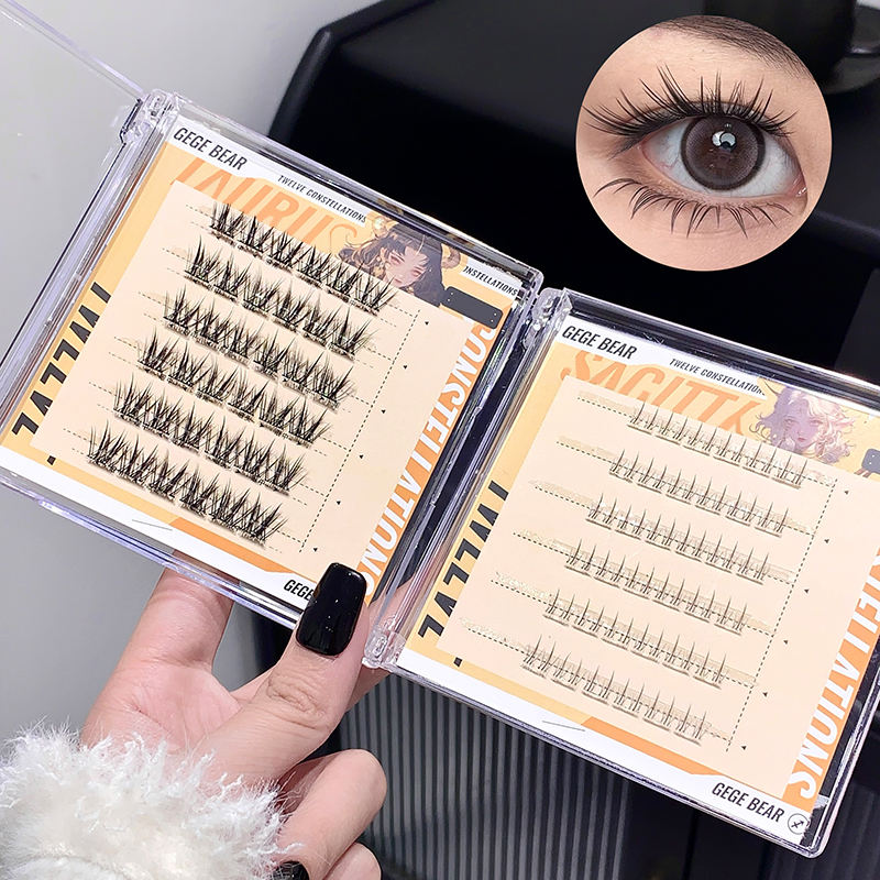 False eyelashes in a clear case with a close-up of an eye wearing them.