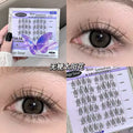 False eyelashes packaging and application on eyes with close-up details.