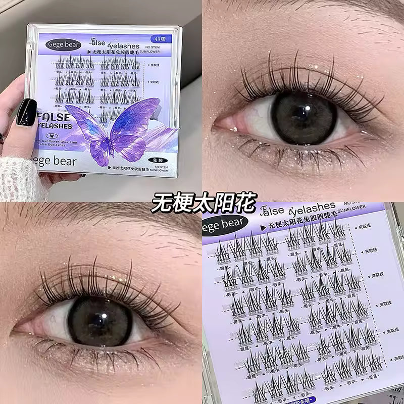 False eyelashes packaging and application on eyes with close-up details.