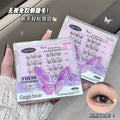 False eyelashes packaging with butterfly design held by a hand, close-up of an eye wearing the lashes.