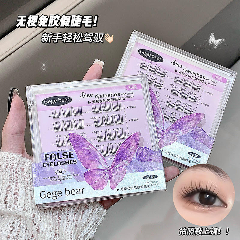 False eyelashes packaging with butterfly design held by a hand, close-up of an eye wearing the lashes.