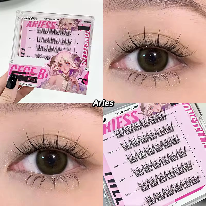 False eyelashes packaging and application on eyes with 'Aries' label
