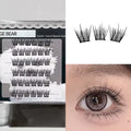 False eyelashes packaging, lashes on a tray, and an eye wearing the false eyelashes.