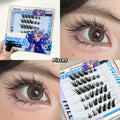 False eyelashes set with 'Pisces' label, held by a hand, and applied to an eye.