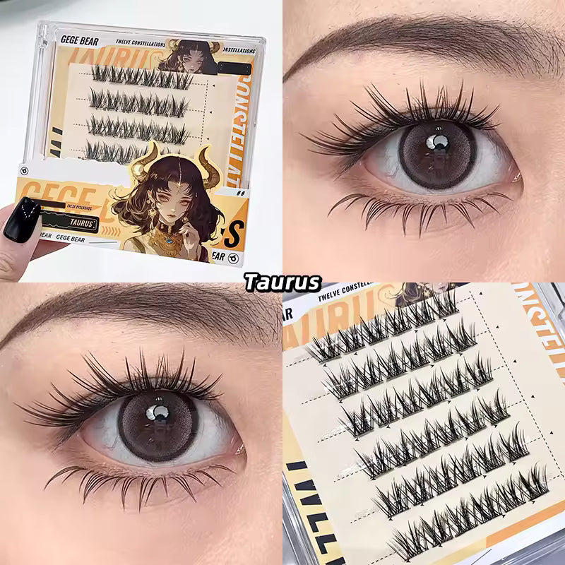 False eyelashes with packaging and application on eyes, featuring Taurus design.
