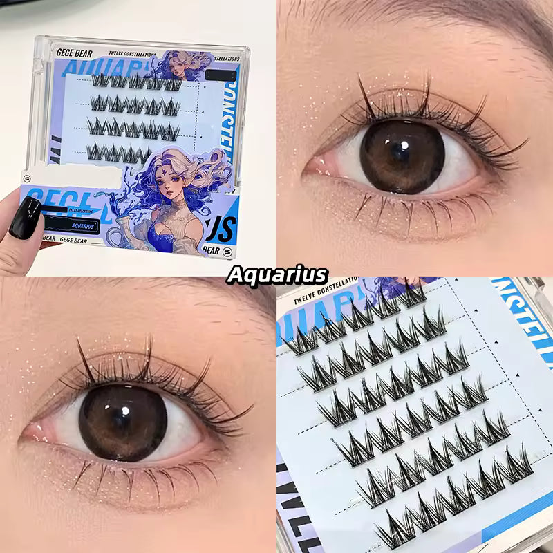False eyelashes with packaging and application on eyes, featuring the Aquarius zodiac sign.