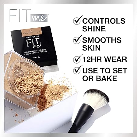 Maybelline Fit Me loose finishing powder with packaging, powder, brush, and text highlighting product features.