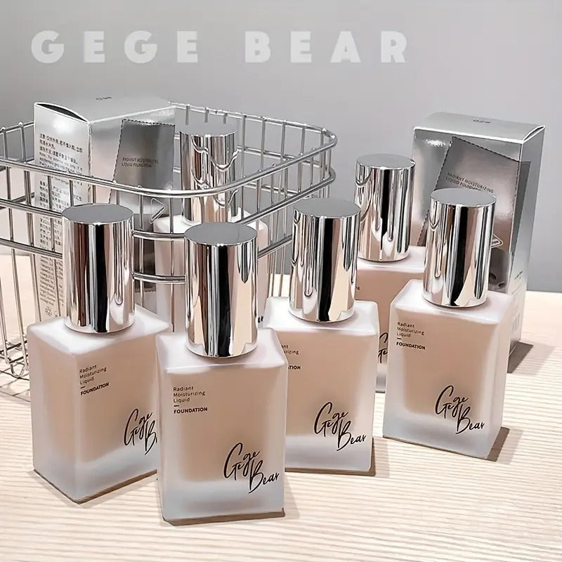 Five pieces of Gege Bear moisturizing foundation arranged on a table in a neat product display, highlighting packaging design and variety.
