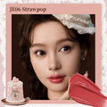 FlowerKnows Sweetie Bear Coating Lip Jelly lip gloss in JE08 Strawpop shade applied on lips showing bright strawberry tint and glossy shine effect.
